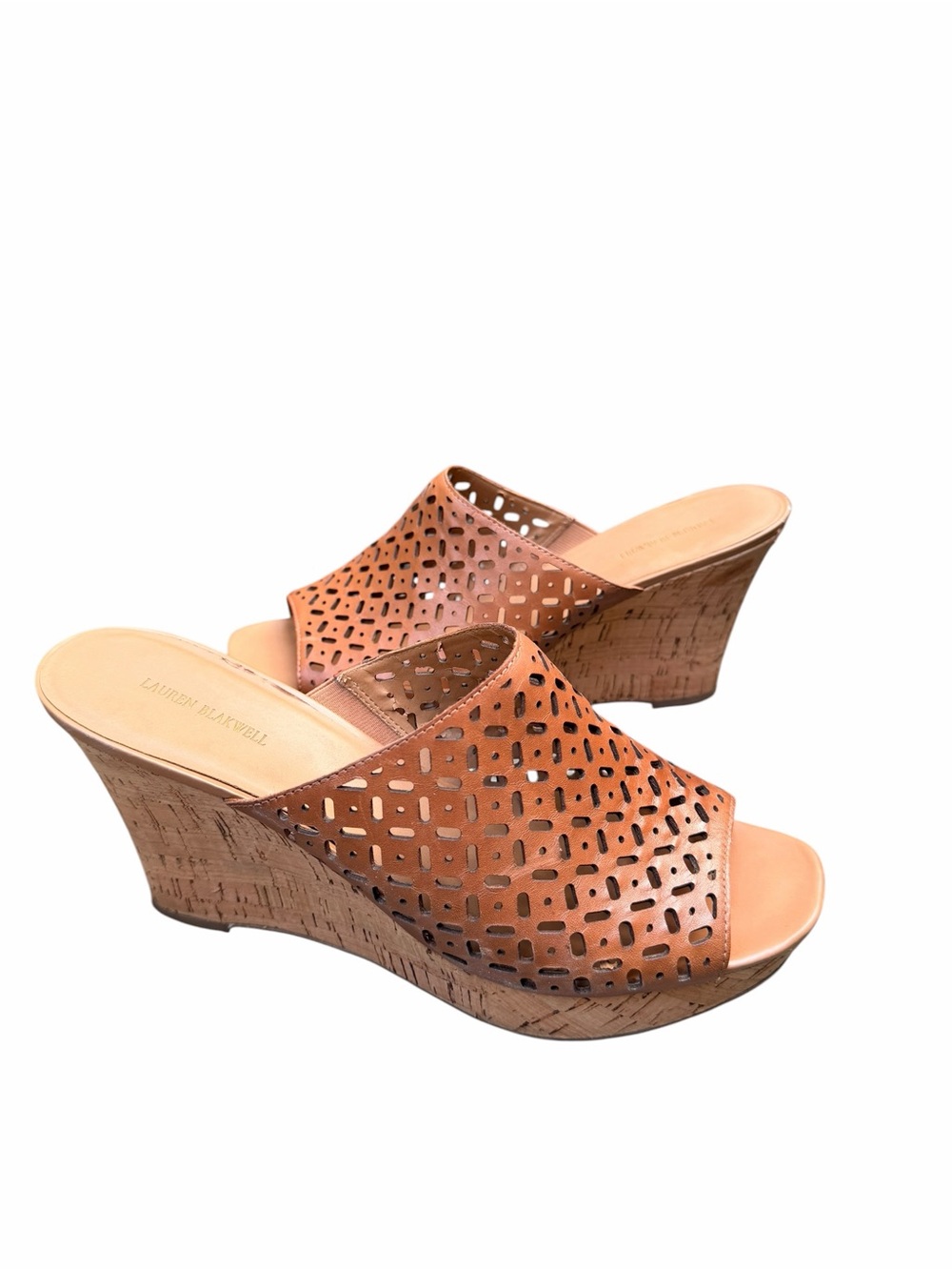 Lauren Blakwell Women’s 11 Tan Ilene Perforated Cork Wedge Slide Sandals Boho